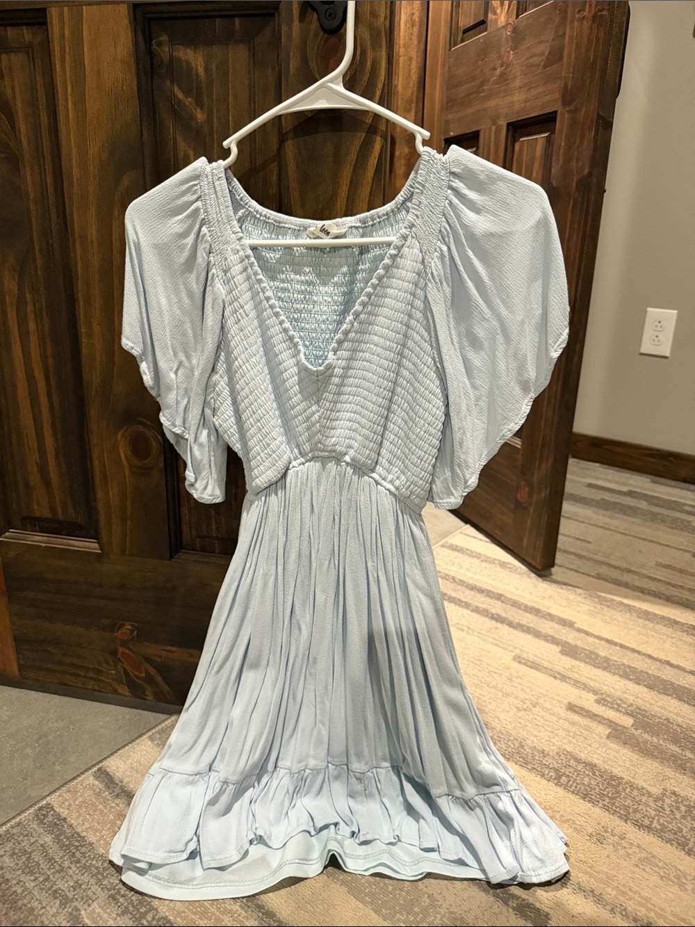 Light Blue Smocked V-Neck Mini Dress with Flutter Sleeves